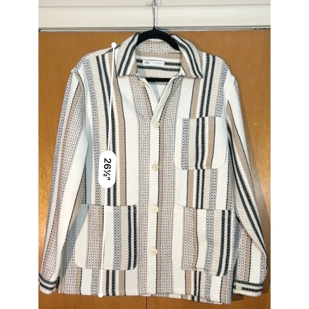 ZARA Mens Striped Button Up Shacket M Chore Style Versatile Made in Morocco - Picture 12 of 12
